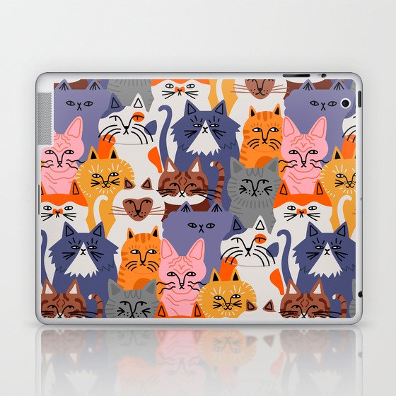 Funny diverse cat crowd character cartoon background Laptop & iPad Skin