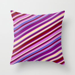 [ Thumbnail: Eyecatching Purple, Orchid, Tan, Slate Blue & Maroon Colored Lined Pattern Throw Pillow ]