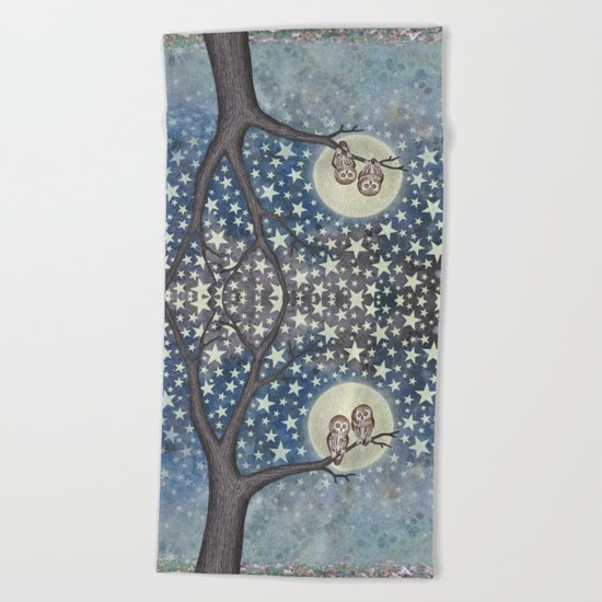 northern saw whet owls under the stars Beach Towel