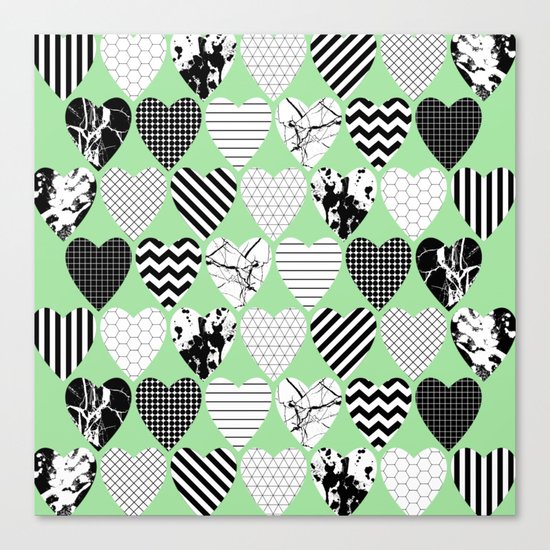 Hearts On Pastel Green - Abstract, black and white, geometric Canvas Print