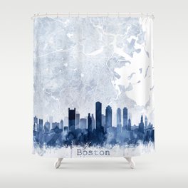 Boston Skyline Map Watercolor Navy Blue, Print by Zouzounio Art Shower Curtain