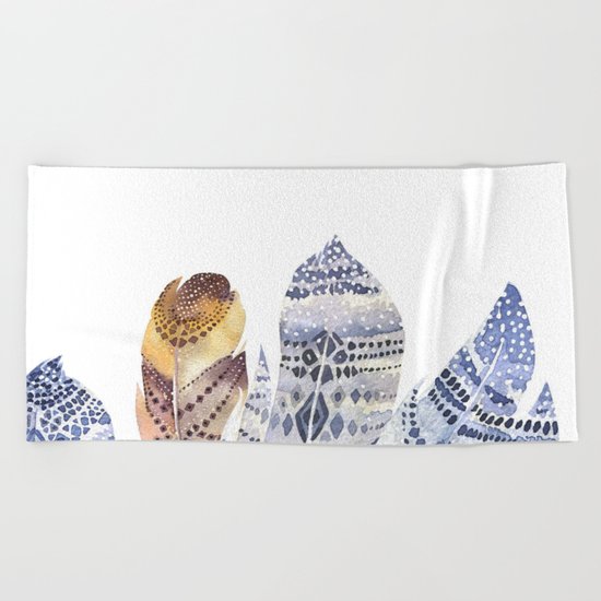 Watercolor bohemian feathers Beach Towel