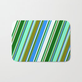 [ Thumbnail: Aquamarine, Green, Blue, Mint Cream, and Dark Green Colored Lined/Striped Pattern Bath Mat ]