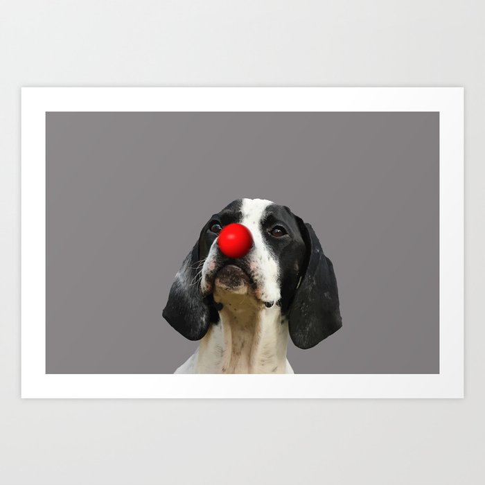 Pointer dog with red clown nose Art Print