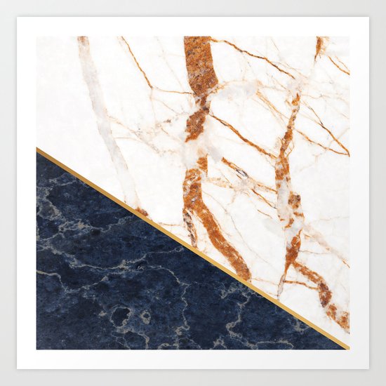 Classy Elegant White Blue Gold Marble Art Print