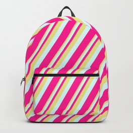 [ Thumbnail: Tan, Light Cyan & Deep Pink Colored Striped Pattern Backpack ]