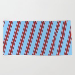 [ Thumbnail: Light Sky Blue & Brown Colored Striped/Lined Pattern Beach Towel ]