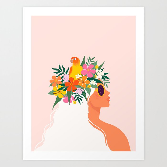 Blonde woman with tropical flower wreath and parrot in her hair Art Print