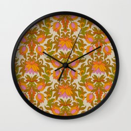 Orange, Pink Flowers and Green Leaves 1960s Retro Vintage Pattern Wall Clock