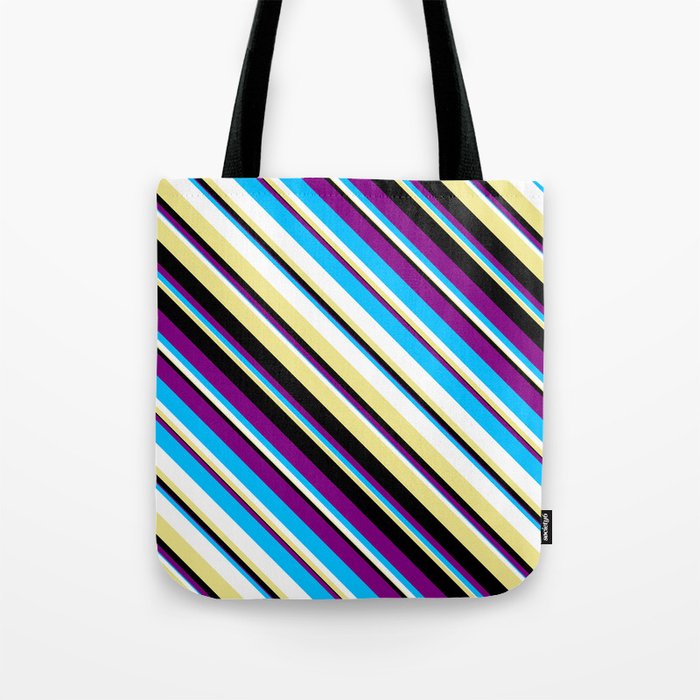 Eye-catching Purple, Deep Sky Blue, White, Tan & Black Colored Striped Pattern Tote Bag