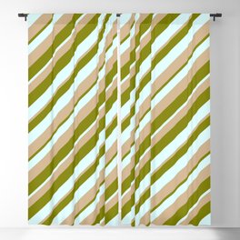 [ Thumbnail: Green, Light Cyan & Tan Colored Pattern of Stripes Blackout Curtain ]