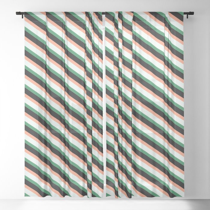 Light Salmon, Mint Cream, Sea Green & Black Colored Striped/Lined Pattern Sheer Curtain