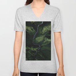Flowing River in a green mountain valley in Iceland from above – Landscape Photography V Neck T Shirt