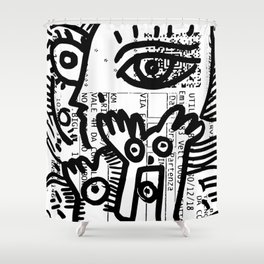 Creatures Graffiti Black and White on French Train Ticket Shower Curtain