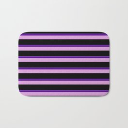 [ Thumbnail: Purple, Indigo, Plum, and Black Colored Lined Pattern Bath Mat ]