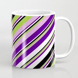 [ Thumbnail: Green, Plum, Indigo, White & Black Colored Lines/Stripes Pattern Coffee Mug ]