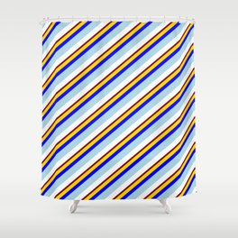 [ Thumbnail: Eye-catching Yellow, Blue, Light Blue, White & Maroon Colored Lines Pattern Shower Curtain ]