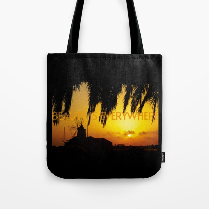 Summer sunset over the salt flats with windmill, Marsala, Sicily, Italy "Beauty Is Everywhere" quote Tote Bag
