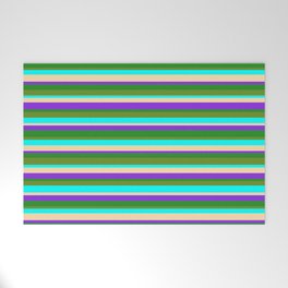 [ Thumbnail: Vibrant Tan, Purple, Forest Green, Green & Aqua Colored Striped/Lined Pattern Welcome Mat ]