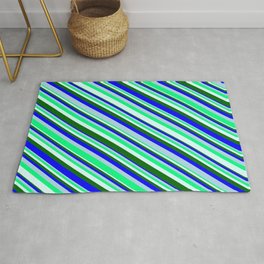 [ Thumbnail: Eyecatching Light Blue, Green, Light Cyan, Dark Green & Blue Colored Pattern of Stripes Rug ]