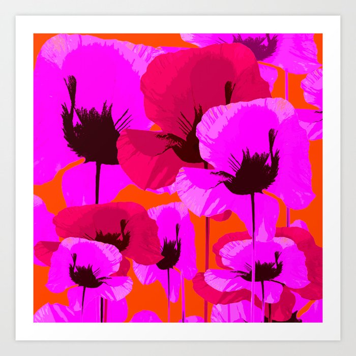 Pink And Red Poppies On A Orange Background - Summer Juicy Color Palette Retro Mood #decor #society6 Art Print