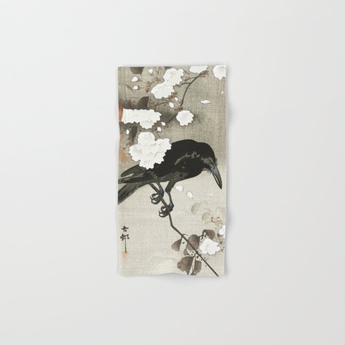 Raven on Cherry tree - Japanese vintage woodblock print Hand & Bath Towel