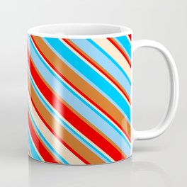 [ Thumbnail: Vibrant Deep Sky Blue, Light Sky Blue, Chocolate, Red & Bisque Colored Striped/Lined Pattern Coffee Mug ]