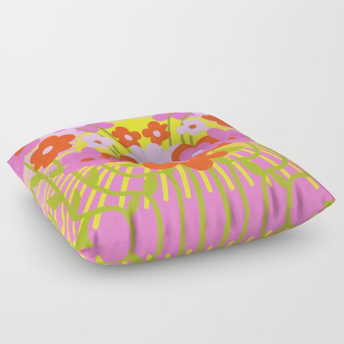 Sunny Pink Flowers Ombre Sunshine Illustrated Nature Garden Print Retro Modern Scandi Cheerful Floor Pillow