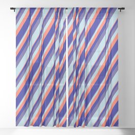 [ Thumbnail: Dark Slate Blue, Light Blue, Red, and Dark Blue Colored Lined Pattern Sheer Curtain ]
