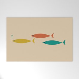 Mid-Century Modern Minimalist Fish Trio in Mid Mod Turquoise Teal, Mustard, Orange, and Beige Welcome Mat