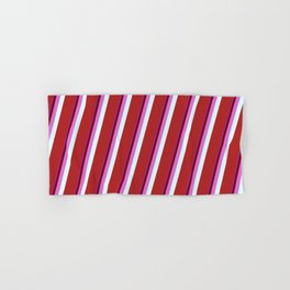 [ Thumbnail: Eyecatching Purple, Maroon, Orchid, Light Cyan, and Red Colored Lined/Striped Pattern Hand & Bath Towel ]
