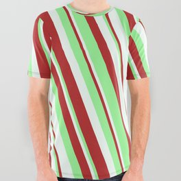 [ Thumbnail: Mint Cream, Red & Green Colored Lined Pattern All Over Graphic Tee ]