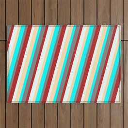 [ Thumbnail: Eye-catching Beige, Aqua, Gray, Red & Mint Cream Colored Striped/Lined Pattern Outdoor Rug ]