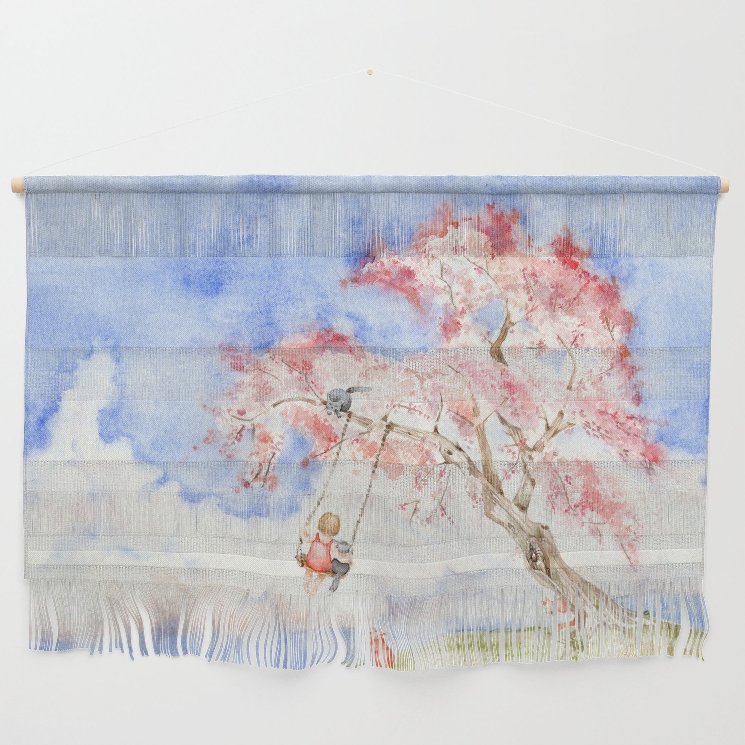 Girl On A Sakura Tree Swing With Cats Wall Hanging By Evgeniya