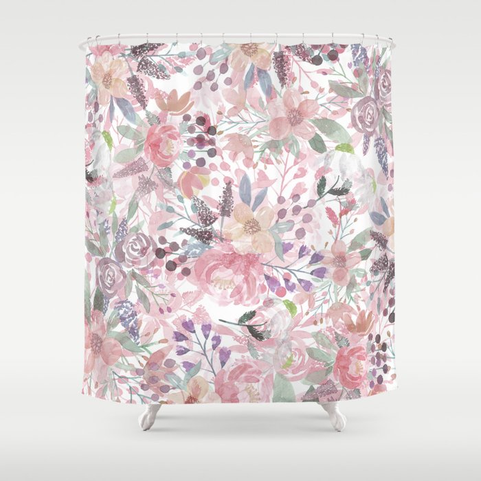 Pastel pink coral green watercolor flowers Shower Curtain