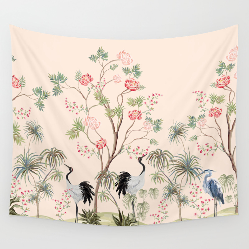 Beautiful exotic chinoiserie wallpaper. Hand drawn vintage chinese rose  trees, palms, sakura flowers, peonies, crane bird, heron, pheasant. Floral  seamless border pink background. Wall Tapestry by Perfect Decor | Society6