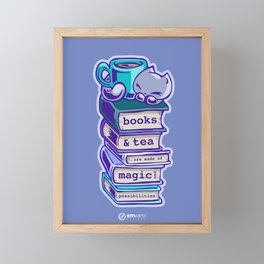 Cat Bookstack Tea Framed Mini Art Print