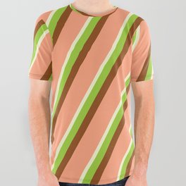 [ Thumbnail: Light Yellow, Green, Brown & Light Salmon Colored Lined/Striped Pattern All Over Graphic Tee ]