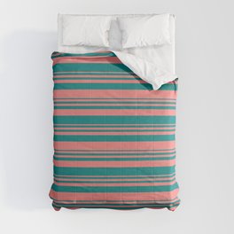 [ Thumbnail: Light Coral and Teal Colored Lined Pattern Comforter ]