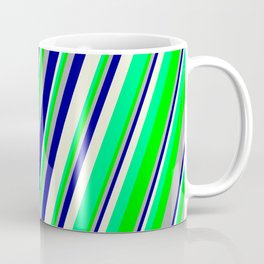 [ Thumbnail: Eyecatching Dark Gray, Dark Blue, Beige, Green & Lime Colored Striped/Lined Pattern Coffee Mug ]