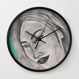 girl infront of a gre bacground Wall Clock