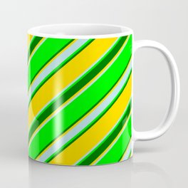 [ Thumbnail: Lime, Dark Green, Yellow & Powder Blue Colored Lines/Stripes Pattern Coffee Mug ]