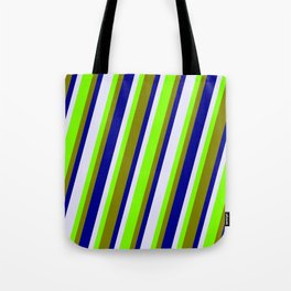 [ Thumbnail: Chartreuse, Green, Dark Blue & Lavender Colored Stripes/Lines Pattern Tote Bag ]