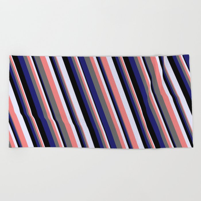 Eye-catching Lavender, Light Coral, Dim Gray, Midnight Blue & Black Colored Striped/Lined Pattern Beach Towel