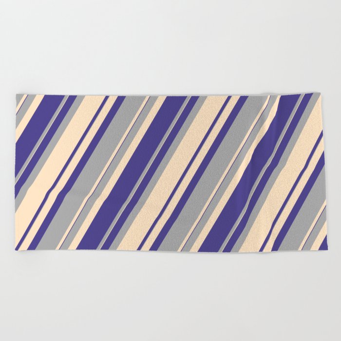 Dark Slate Blue, Dark Grey, and Bisque Colored Pattern of Stripes Beach Towel