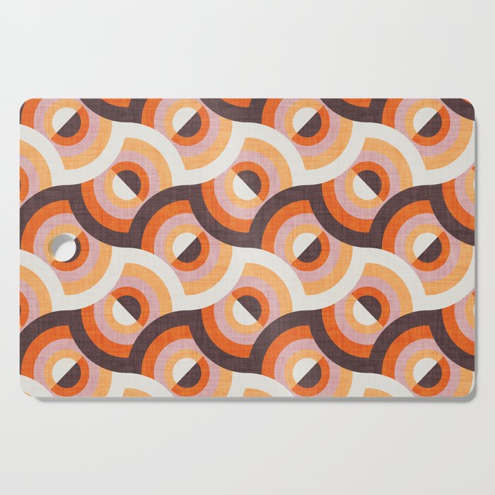 Here comes the sun // brown orange and blush pink 70s inspirational groovy geometric suns Cutting Board