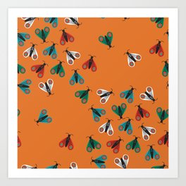Colorful folk art moths invasion on orange background Art Print