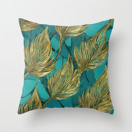 Turquoise Gold Boho Trendy Leaves Collection Throw Pillow