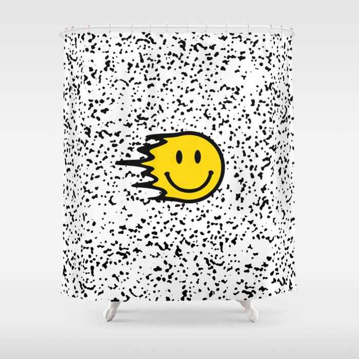 Smiley Face on Black and White Speckled Print Shower Curtain