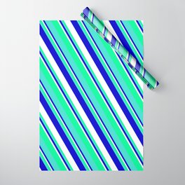 [ Thumbnail: Blue, White, Green, and Turquoise Colored Striped/Lined Pattern Wrapping Paper ]